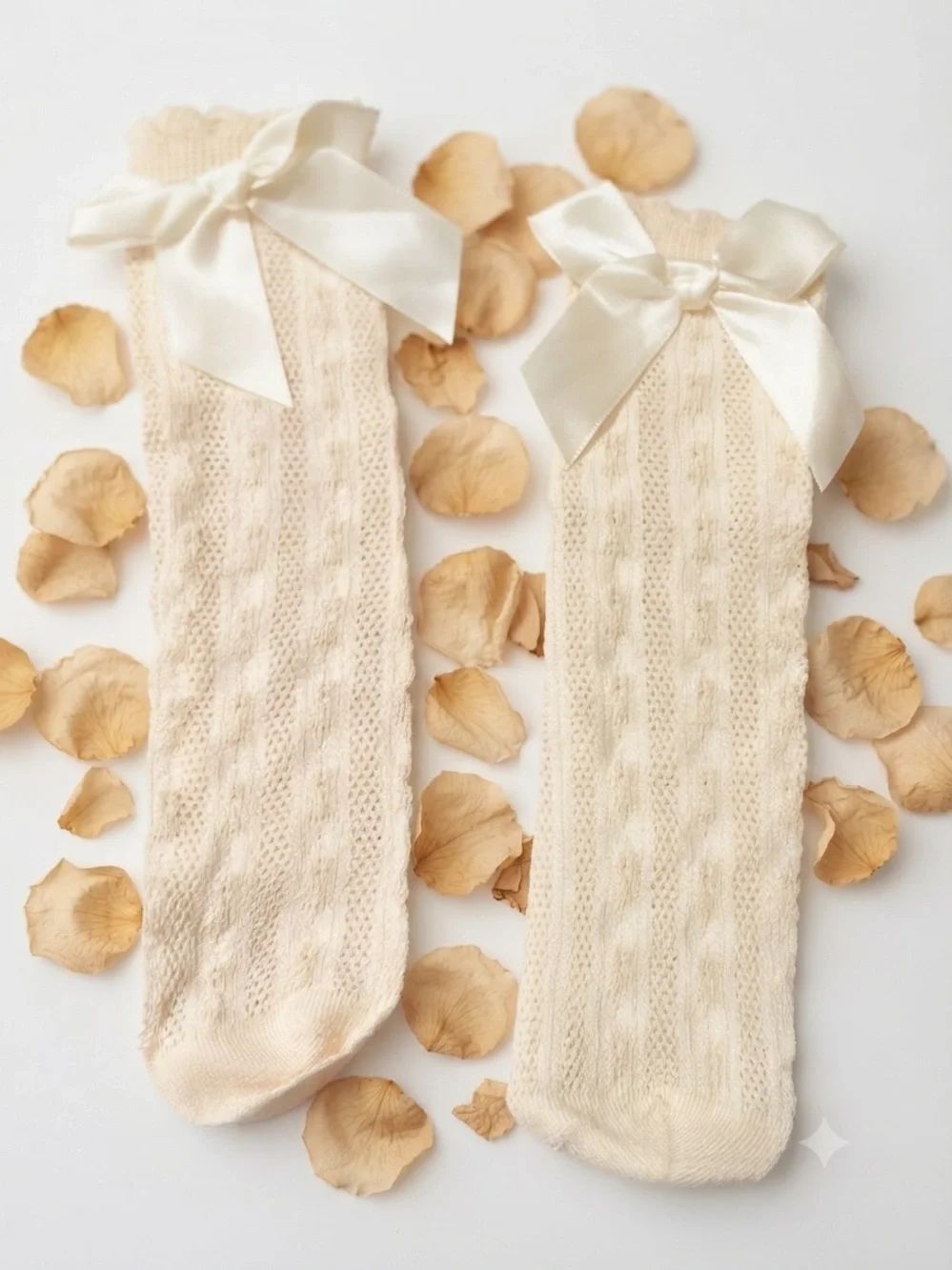 Cream Knit Toddler Socks with Satin Bows - Size 1-3 Years